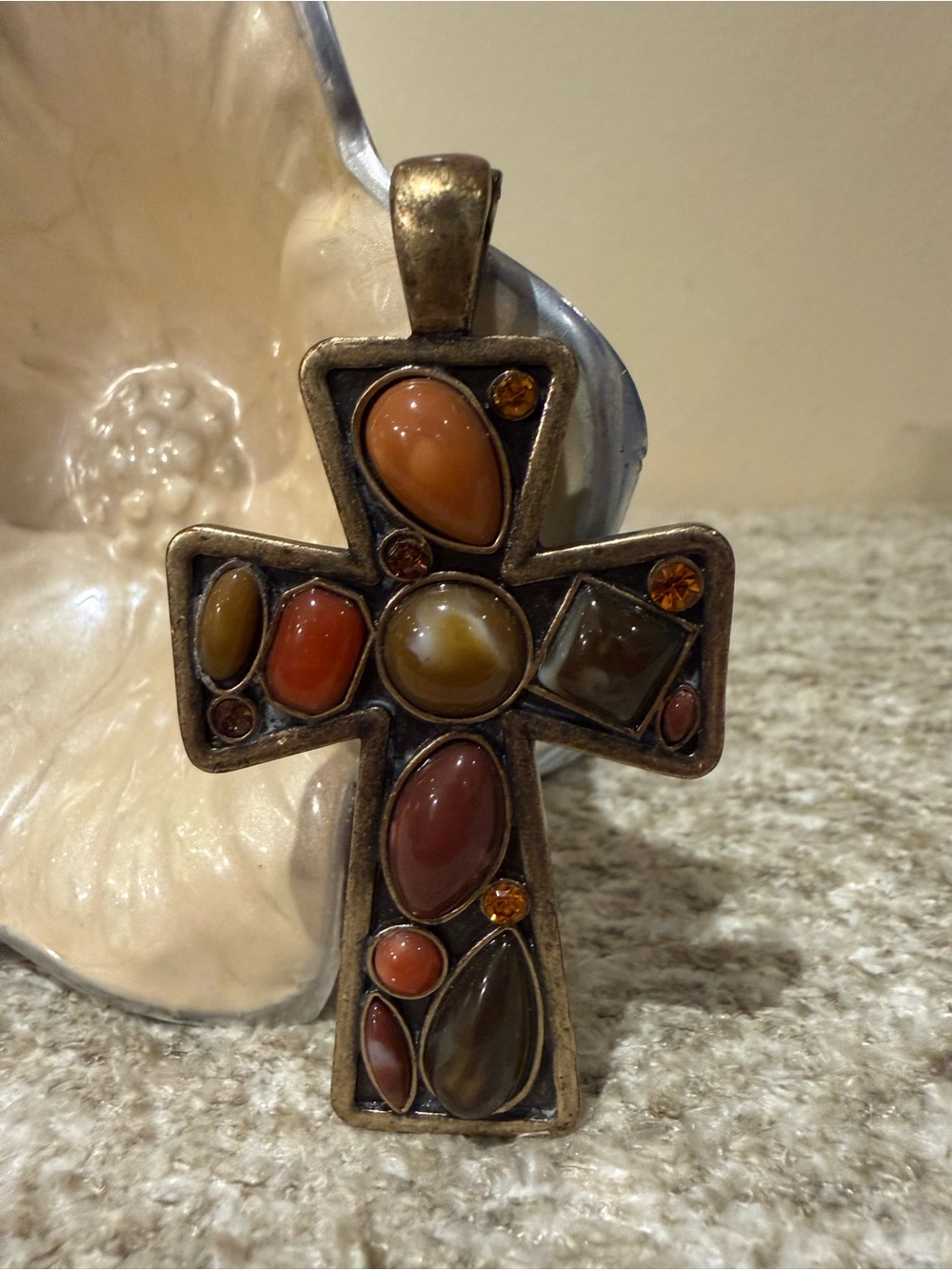 Vintage Boho Antique Bronze Multi-Stone Cabochon Cross Enhancer Pendant
